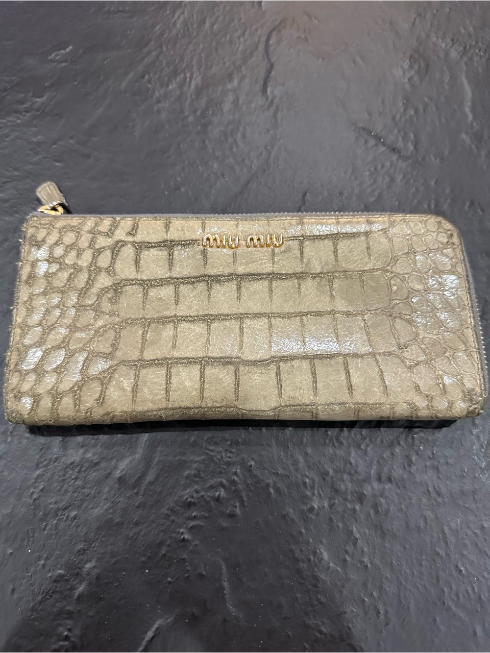 Miu Miu Taupe Croc-Embossed Zip Around Wallet with Gold Logo